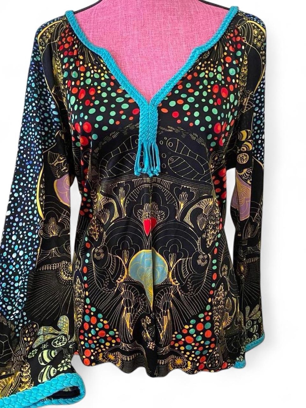 Custo Barcelona Black V-Neck Tunic with Turquoise Trim and Multi-Color Print